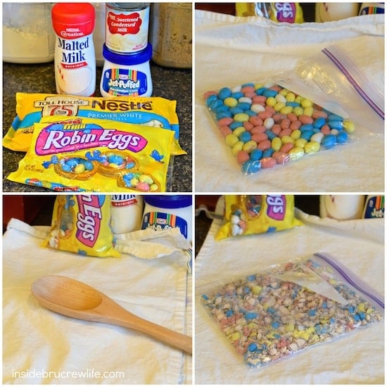 4 pictures of Robin Egg Fudge ingredients.