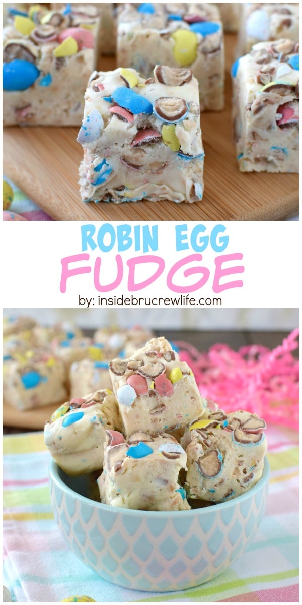 2 pictures of vanilla fudge loaded with malt ball robin eggs separated by a box of text.