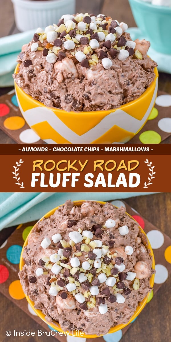 Two pictures of Rocky Road Fluff Salad collaged together with a brown text box