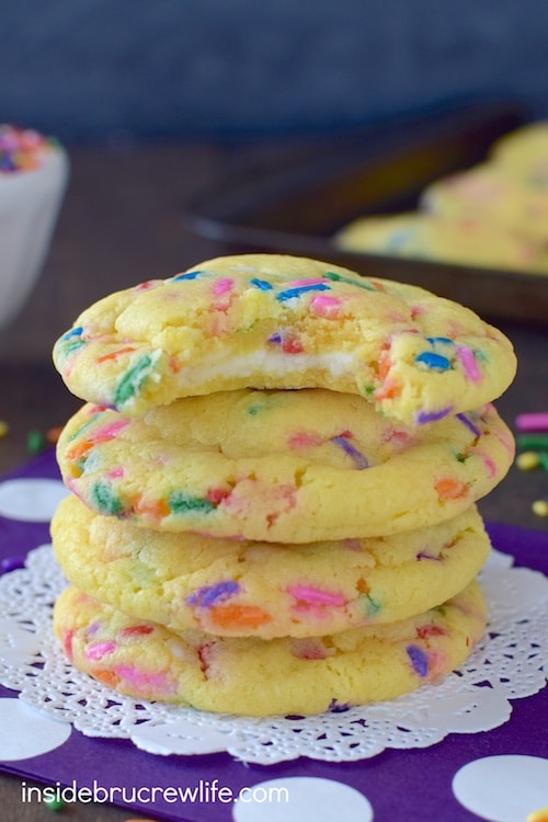 These easy lemon cookies have a hidden white chocolate center and plenty of funfetti sprinkles to make you smile.