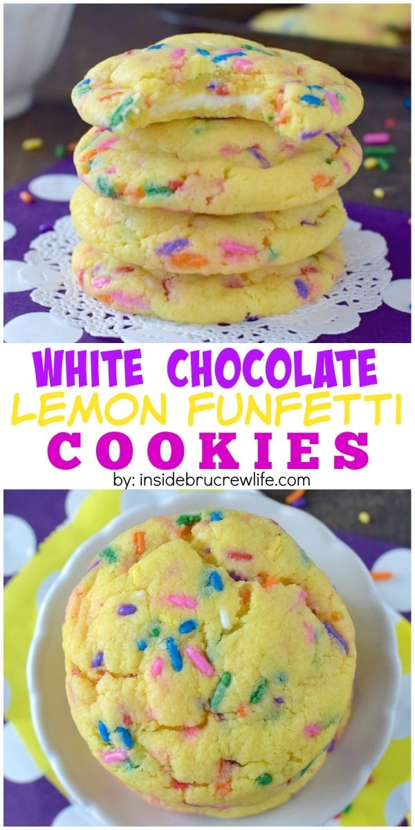 These easy lemon cookies have a hidden white chocolate center and plenty of funfetti sprinkles to make you smile.