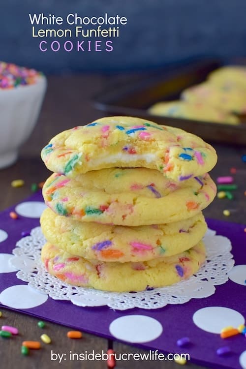 These easy lemon cookies have a hidden white chocolate center and plenty of funfetti sprinkles to make you smile.