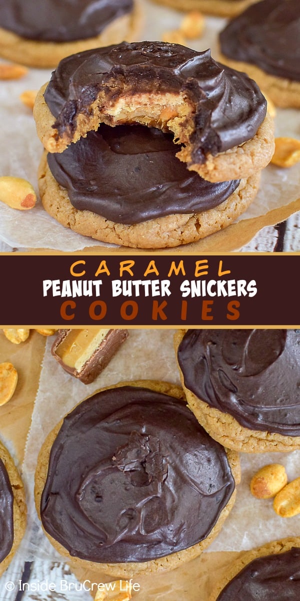 Caramel Peanut Butter Snickers Cookies - these easy cake mix cookies are stuffed with Snickers candy bars and topped with a chocolate glaze. Fill your cookie jar with this fun cookie.