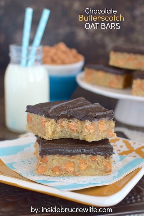 Chocolate frosting and butterscotch chips give these oat bars a fun and delicious twist. 