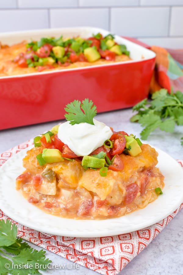 Easy Mexican Chicken Tater Tot Casserole - layers of chicken, tomatoes, tater tots, and cheese makes this a delicious casserole. Make this easy recipe for busy nights! #dinner #tatertotcasserole #mexicanchicken #tatertots #comfortfood #easyrecipe