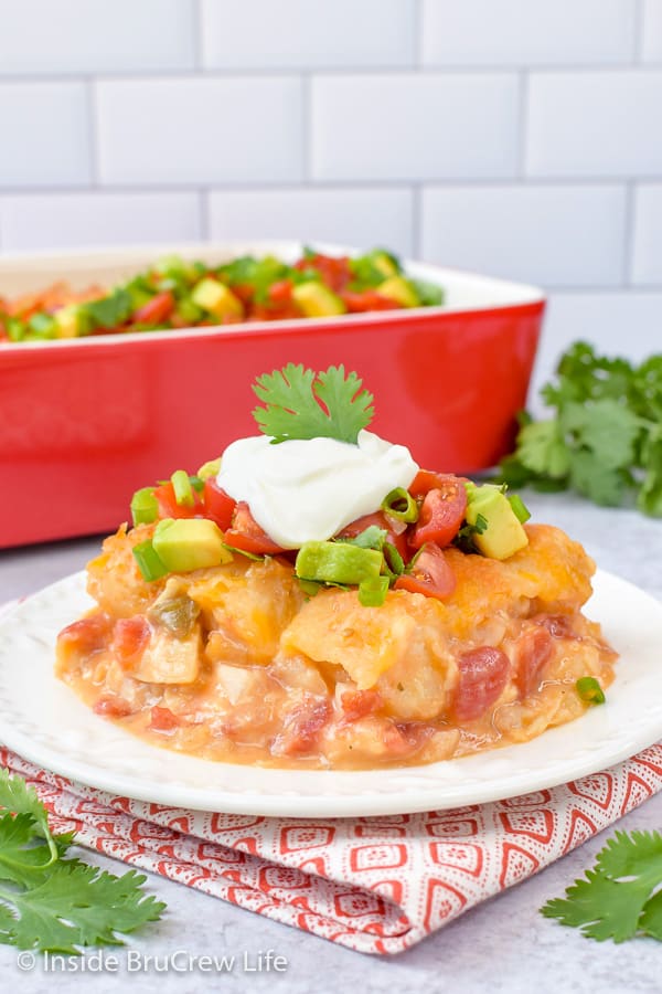 Easy Mexican Chicken Tater Tot Casserole - adding chicken and tomatoes gives this tater tot casserole a delicious Mexican chicken twist. Try this easy recipe for busy school nights. #dinner #tatertotcasserole #mexicanchicken #tatertots #comfortfood #easyrecipe