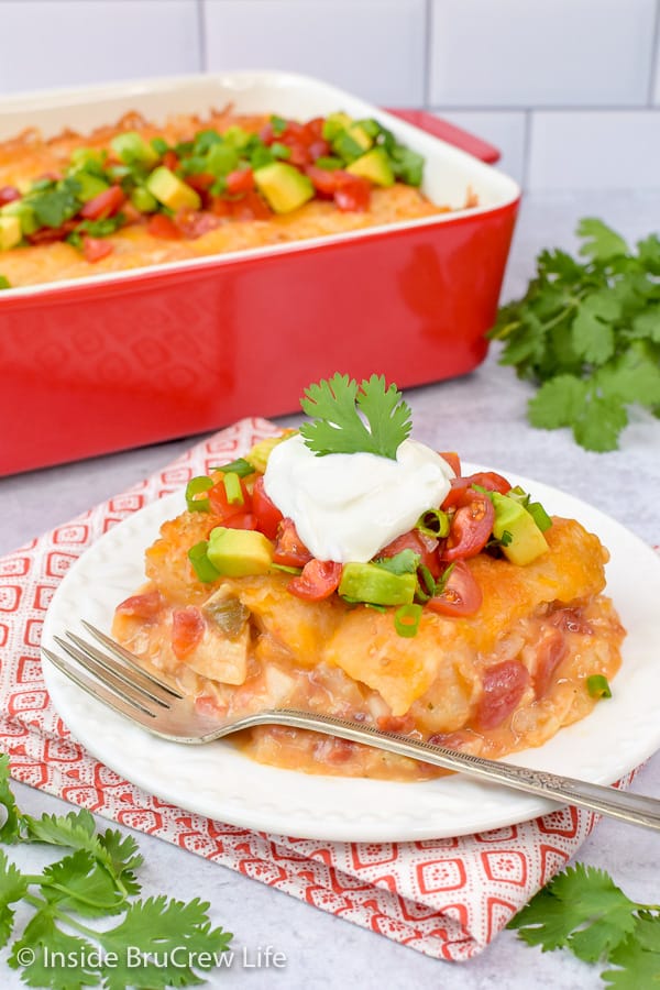 Easy Mexican Chicken Tater Tot Casserole - cheesy tater tots mixed with chicken and spicy tomatoes makes a delicious comfort food meal the whole family will love. Try this easy recipe for dinner! #dinner #tatertotcasserole #mexicanchicken #tatertots #comfortfood #easyrecipe