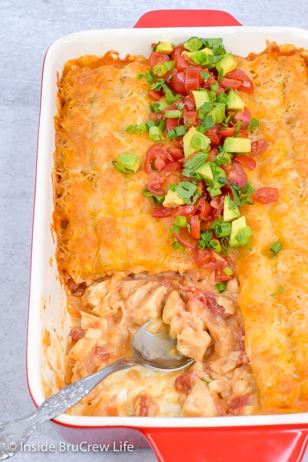 Easy Mexican Chicken Tater Tot Casserole - a creamy chicken and tomato layer topped with tater tots and cheese makes a delicious comfort food dinner that everyone will love. Make this easy recipe for busy nights! #dinner #tatertotcasserole #mexicanchicken #tatertots #comfortfood #easyrecipe