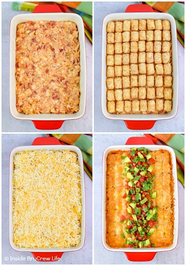 Easy Mexican Chicken Tater Tot Casserole - layers of cheesy chicken, tater tots, and cheese makes this tater tot casserole a delicious and easy dinner idea! #dinner #tatertotcasserole #mexicanchicken #tatertots #comfortfood #easyrecipe