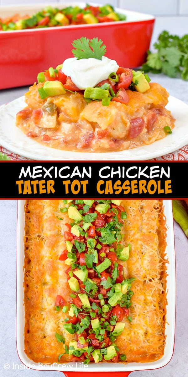 Easy Mexican Chicken Tater Tot Casserole - layers of chicken, tomatoes, tater tots, and cheese gives this tater tot casserole a delicious Mexican twist. Great recipe to make for busy nights! #dinner #tatertotcasserole #mexicanchicken #tatertots #comfortfood #easyrecipe