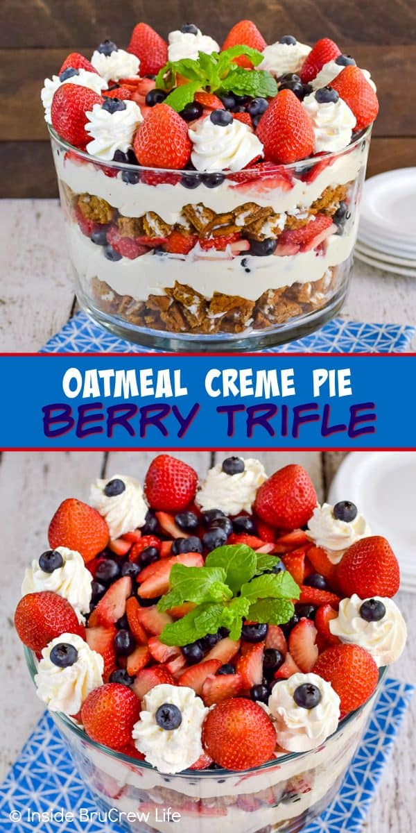 Two pictures of an oatmeal cream pie berry trifle collaged together with a blue text box