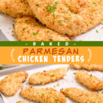 Two pictures of parmesan chicken tenders with a gold text box.