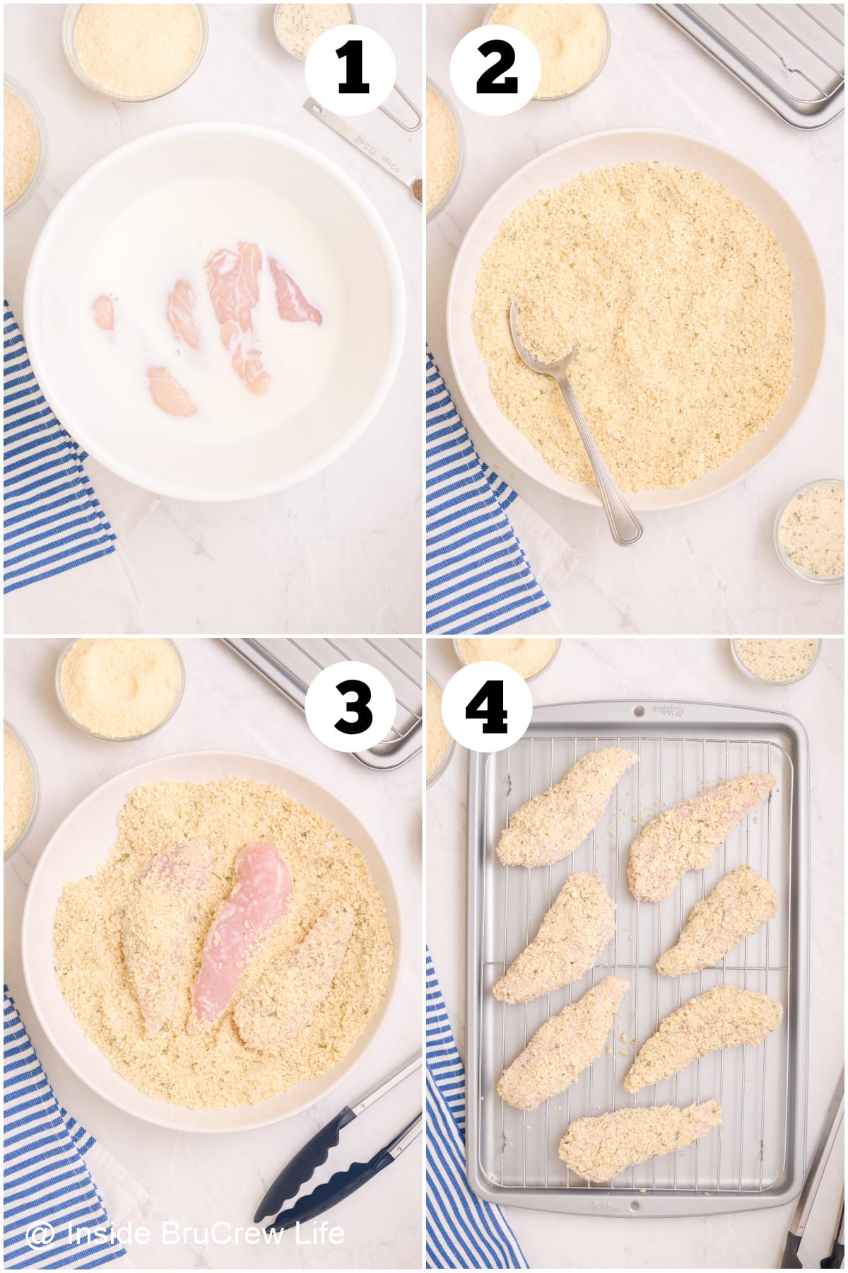 Four pictures collaged together showing how to bread chicken tenderloins.
