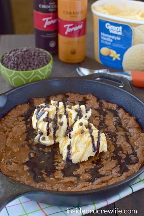 Caramel and peanut butter cookie dough makes this an awesome skillet cookie. It will get devoured when topped with ice cream and syrup.