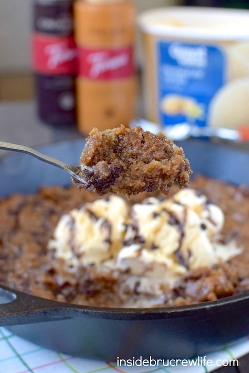 Caramel and peanut butter cookie dough makes this an awesome skillet cookie. It will get devoured when topped with ice cream and syrup.