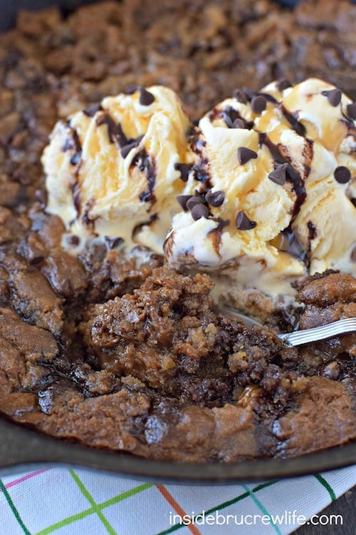 Caramel and peanut butter cookie dough makes this an awesome skillet cookie. It will get devoured when topped with ice cream and syrup.