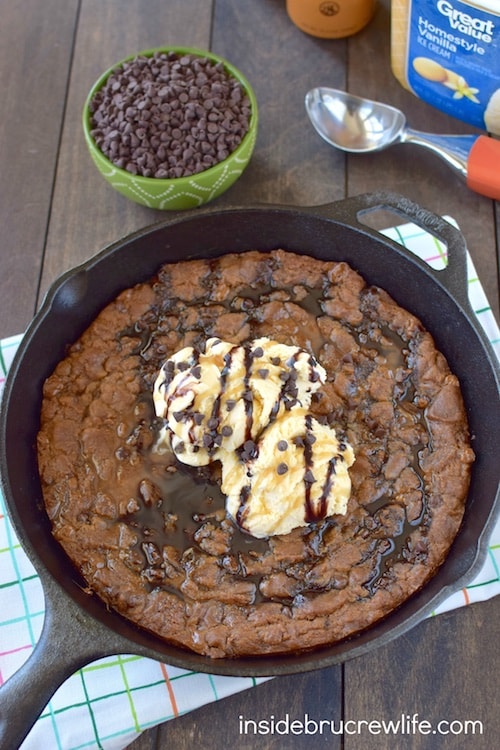 Caramel and peanut butter cookie dough makes this an awesome skillet cookie. It will get devoured when topped with ice cream and syrup.