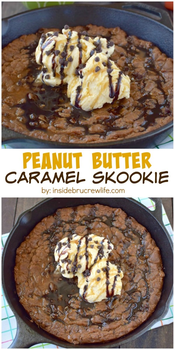 Caramel and peanut butter cookie dough makes this an awesome skillet cookie. It will get devoured when topped with ice cream and syrup.