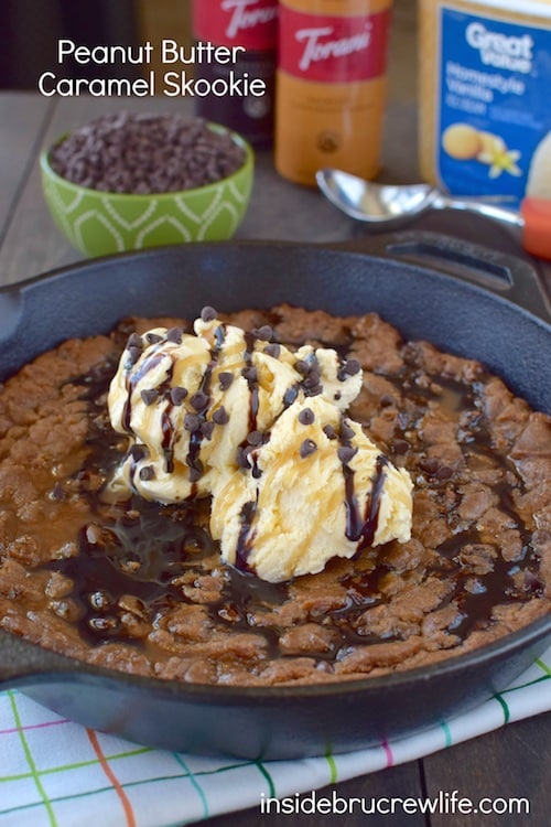 Caramel and peanut butter cookie dough makes this an awesome skillet cookie. It will get devoured when topped with ice cream and syrup.