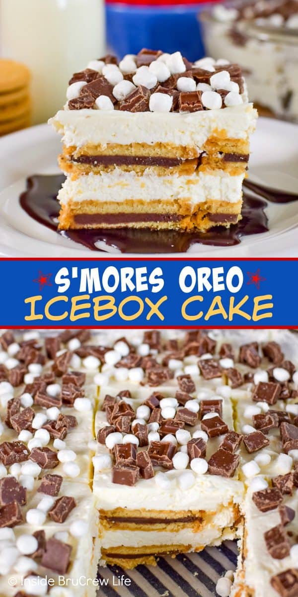 S'mores Oreo Icebox Cake - this icebox cake has layers of Oreo cookies and no bake cheesecake. Try this no bake recipe for summer picnics and parties! #iceboxcake #nobake #smores #oreocookies