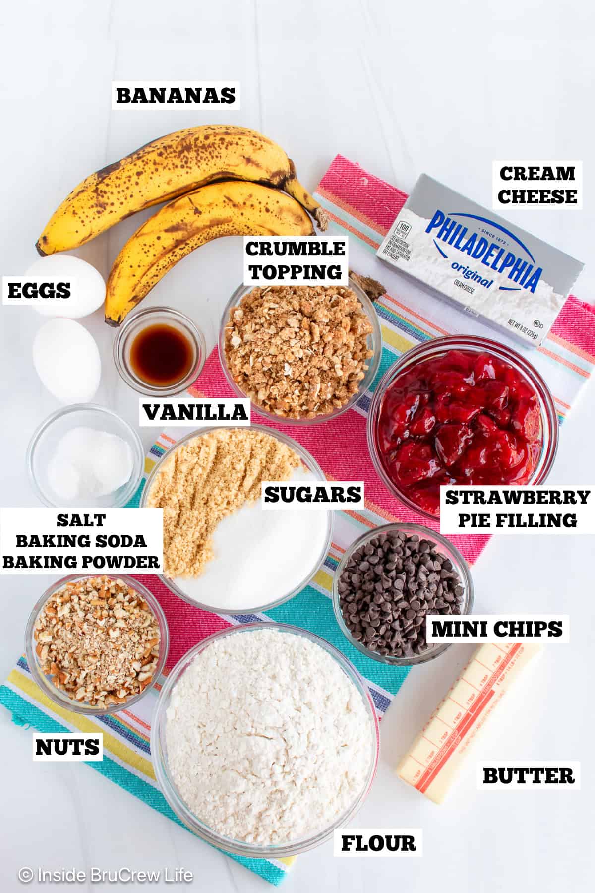 Strawberry banana cake ingredients with text labels.