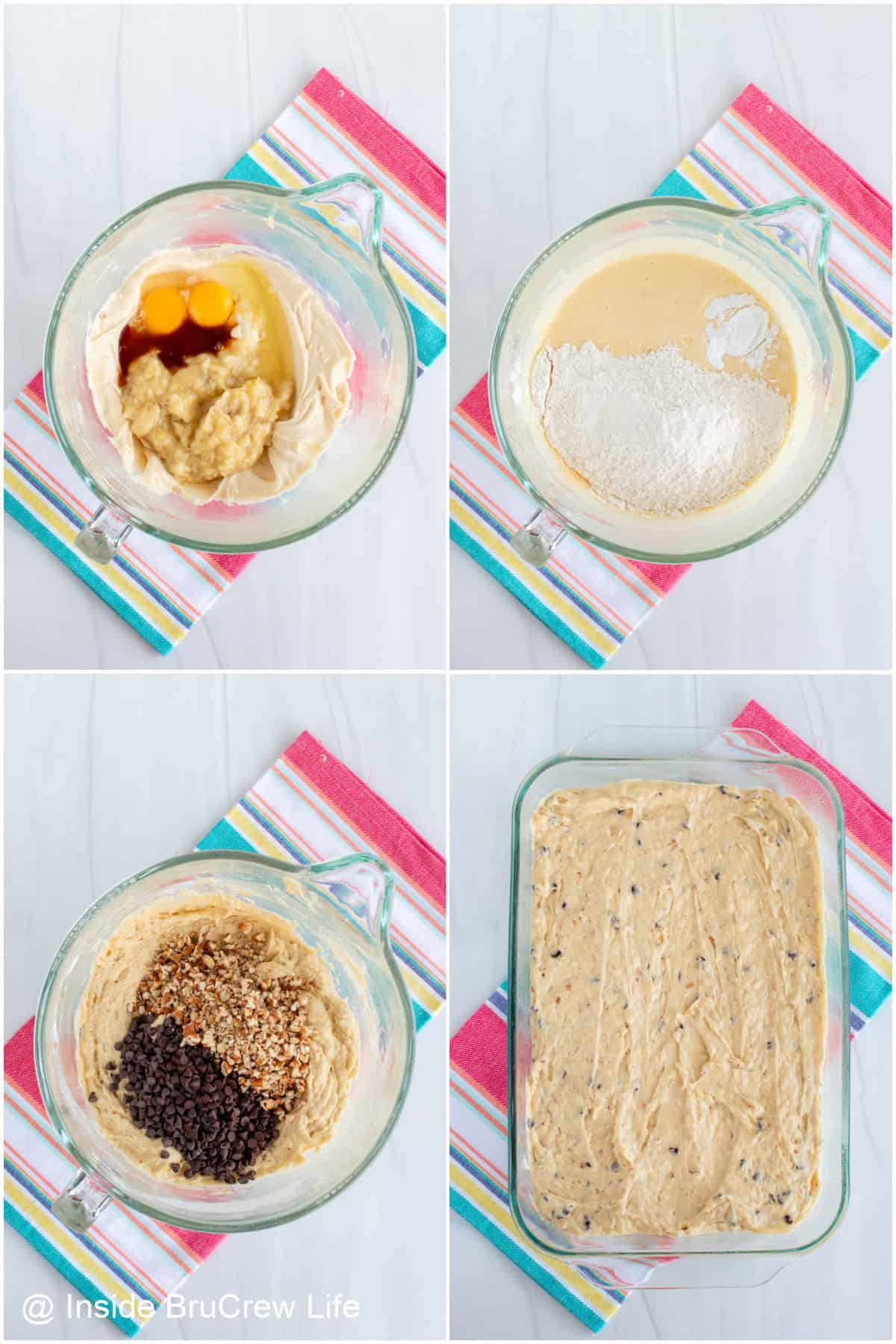 Step by step photos showing how to make a banana coffee cake.