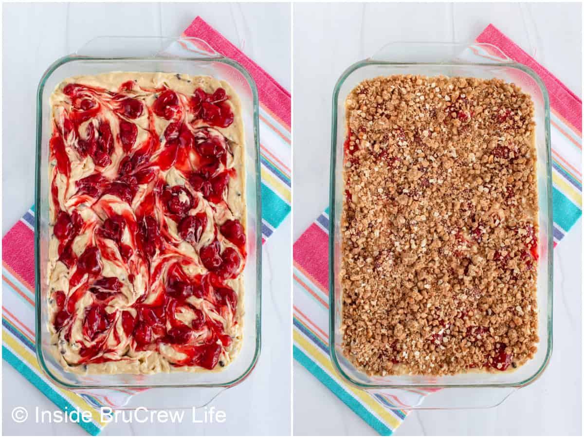 Step by step photos showing how to make a strawberry banana cake with crumble topping.
