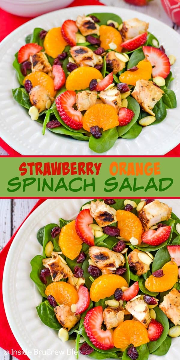 Strawberry Orange Spinach Salad - add fresh fruits, nuts, and cheese to this spinach salad for a delicious and fresh meal! Make this easy recipe for summer dinners! #salad #strawberry #spinach #healthy #grilledchicken