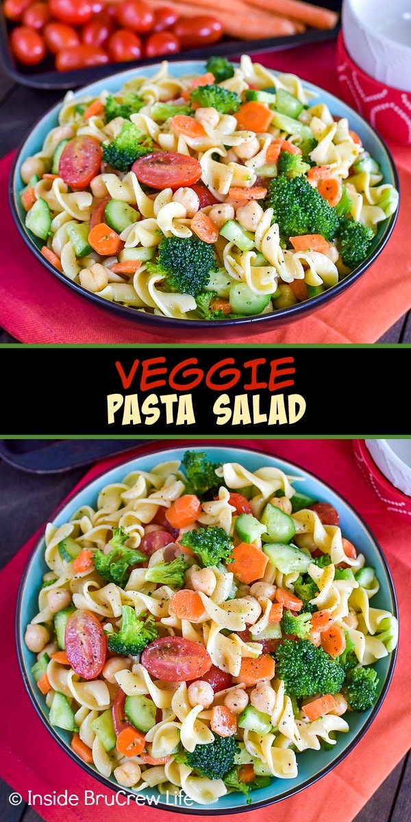 Two pictures of veggie pasta salad collaged together with a black text box
