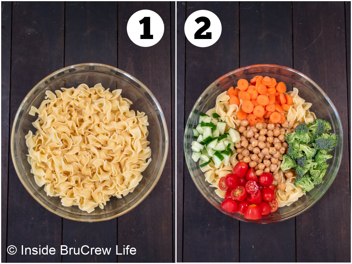 Two pictures collaged together showing how to make a noodle salad with veggies.