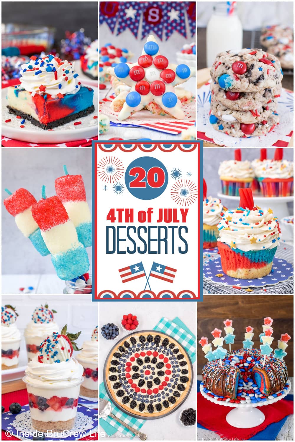 8 pictures of red white and blue desserts collaged together with a text box.