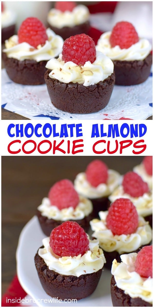 These little chocolate cookie cups are filled with almond frosting and have a fresh raspberry on top.
