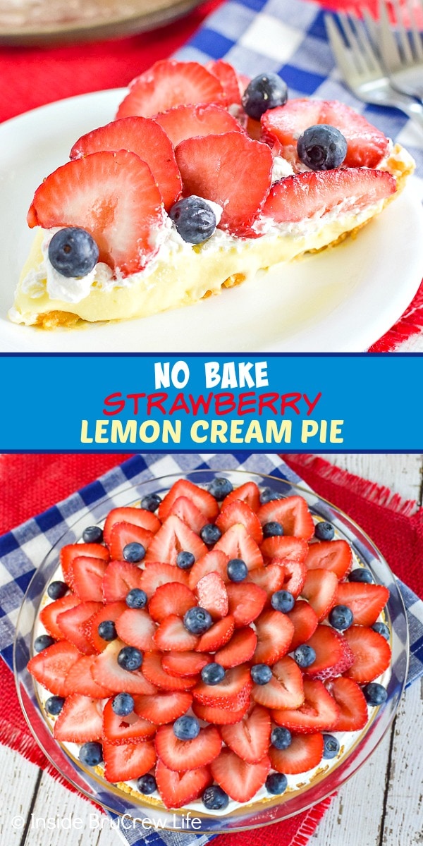 Two pictures of no bake strawberry lemon cream pie collaged together with a blue text box