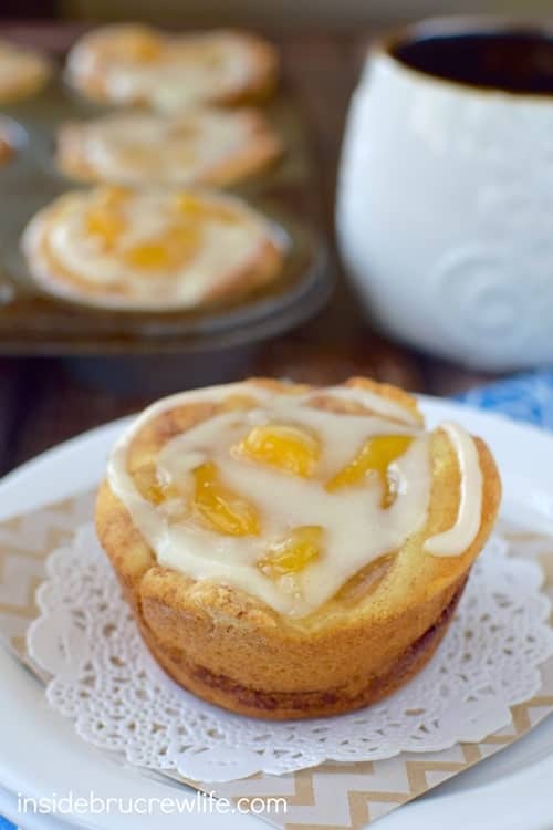  These two-ingredient cinnamon rolls are full of peach pie filling and glaze making a quick and easy breakfast treat.