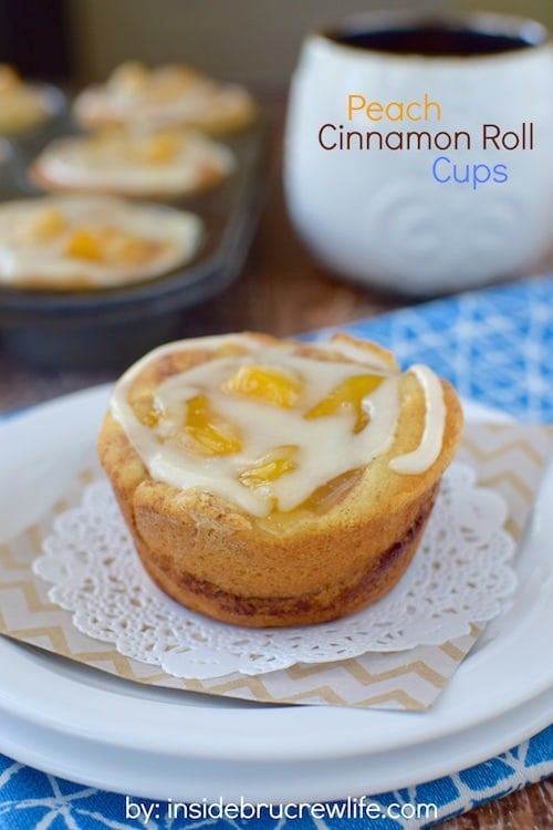  These two-ingredient cinnamon rolls are full of peach pie filling and glaze making a quick and easy breakfast treat.