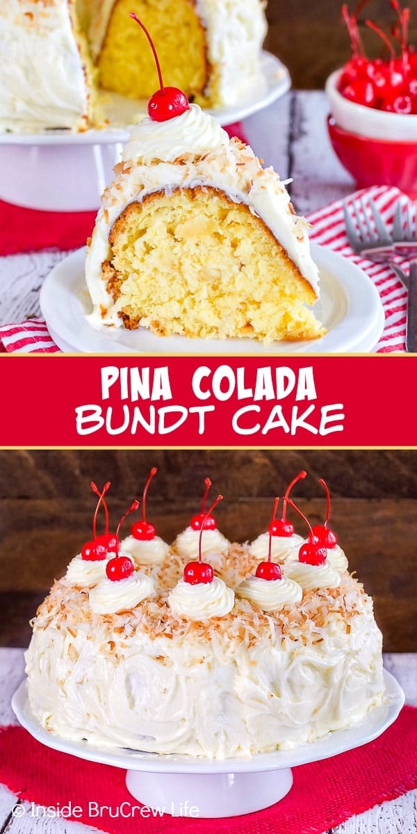 Two pictures of pina colada bundt cake collaged together with a red text box