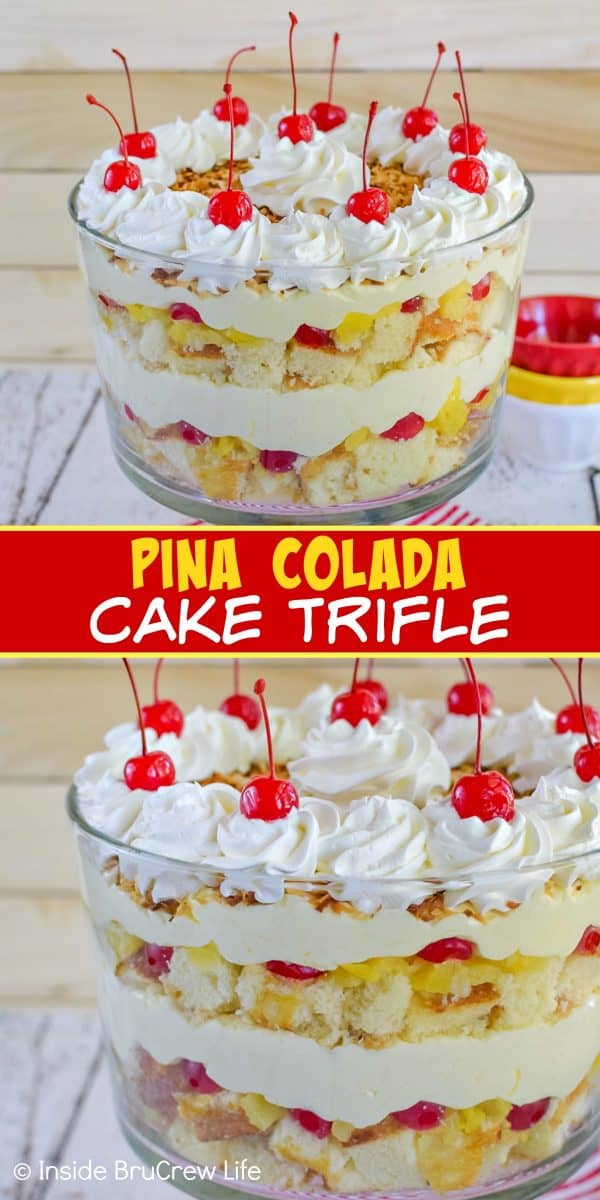 Pina Colada Cake Trifle - this tropical cake trifle has layers of pineapple cake, no bake coconut cheesecake, and fruit. Make this easy recipe for summer parties and watch everyone dig in! #pinacolada #coconut #trifle #nobakecheesecake #cakemix #caketrifle