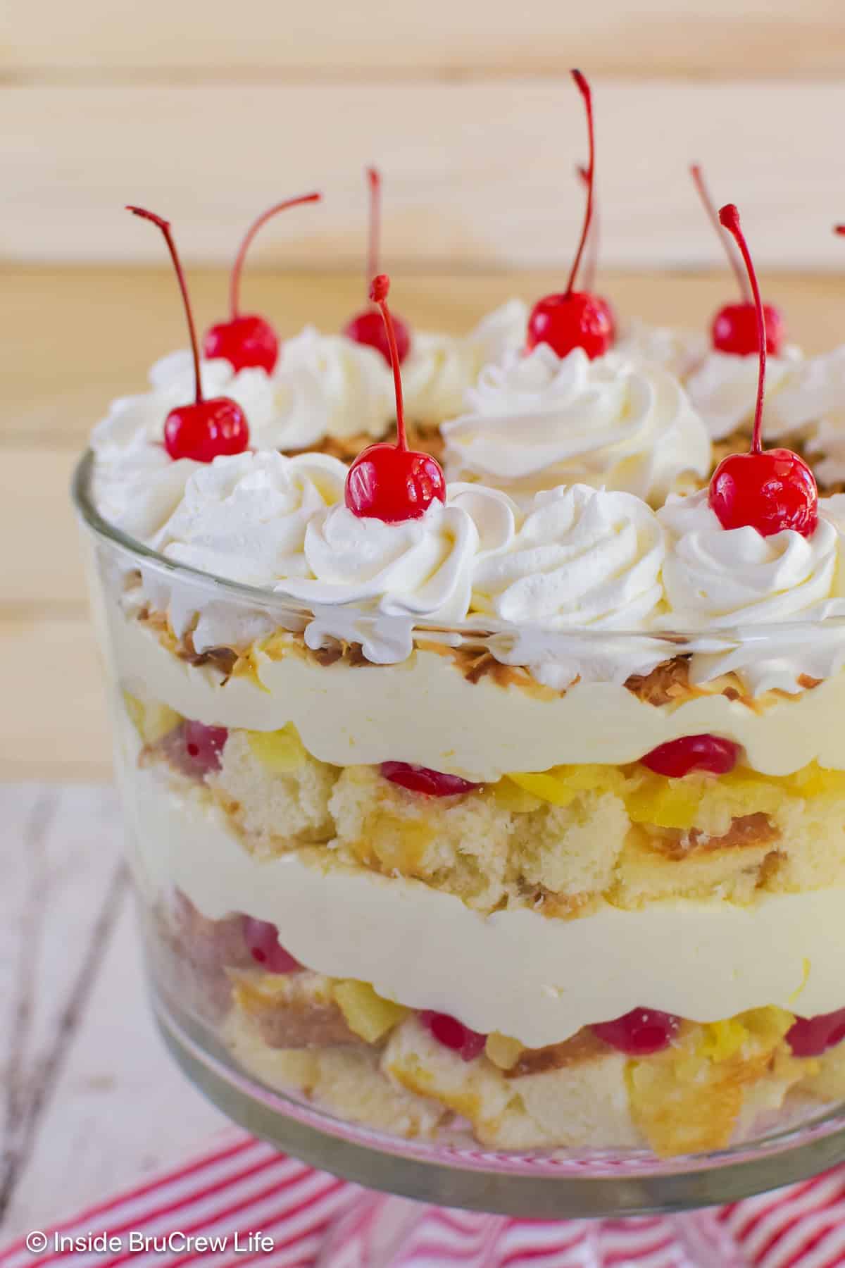 Close up of the layers in a pina colada trifle dessert.