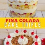 Pinterest image for a pina colada cake trifle.