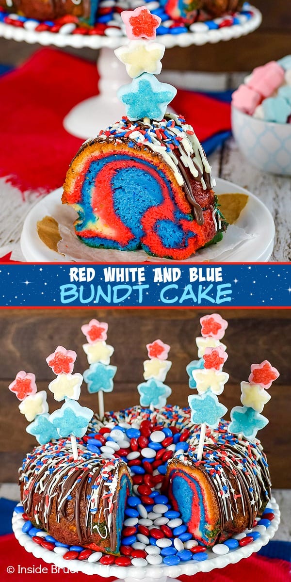 Two pictures of red white and blue bundt cake collaged together with a blue text box