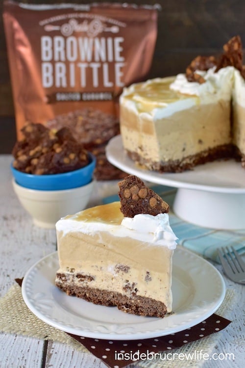 Layers of ice cream and Brownie Brittle make this such a fun no bake summer cake.