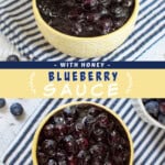 Two pictures of blueberry sauce collaged with a yellow text box.