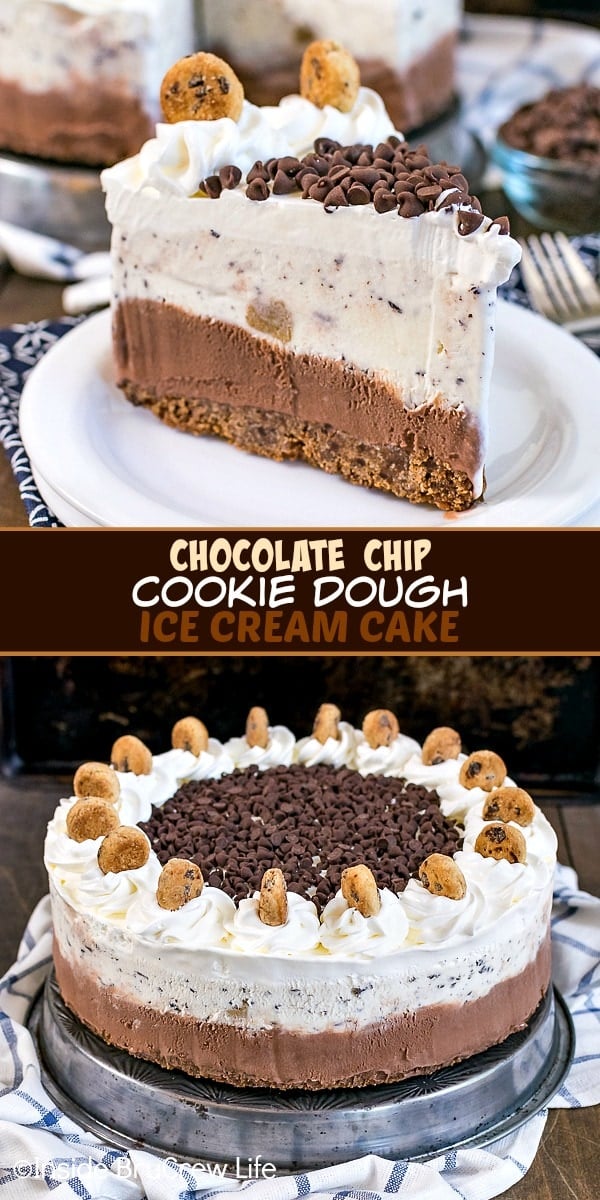 Two pictures of chocolate chip cookie dough ice cream cake collaged together with a brown text box