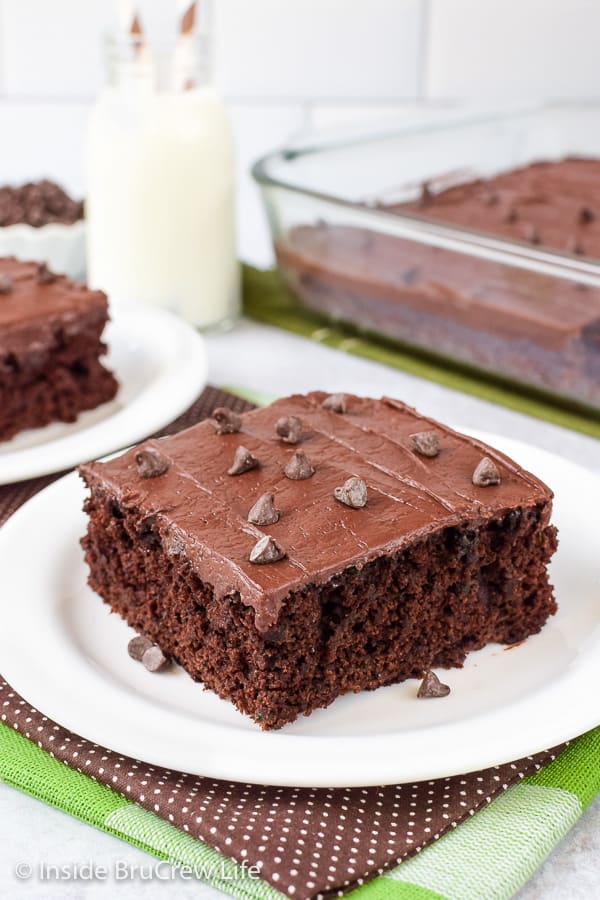 Frosted Zucchini Brownies - shredded zucchini and dark chocolate give these cake like brownies a delicious and rich flavor and texture. Make this easy recipe with the extra zucchini from your garden. #brownies #darkchocolate #zucchini #chocolatefrosting