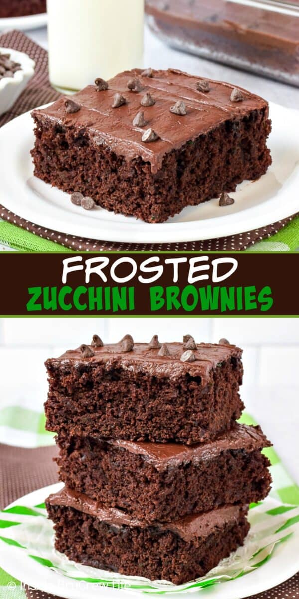 Two pictures of Frosted Zucchini Brownies collaged together with a dark brown text box.