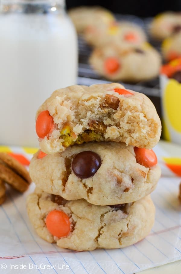 Nutter Butters and Reese's Pieces add a fun texture to these easy peanut butter cookies.