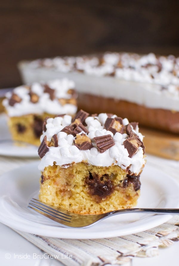 A white plate with a square of peanut butter fudge poke cake with a pan of cake behind it