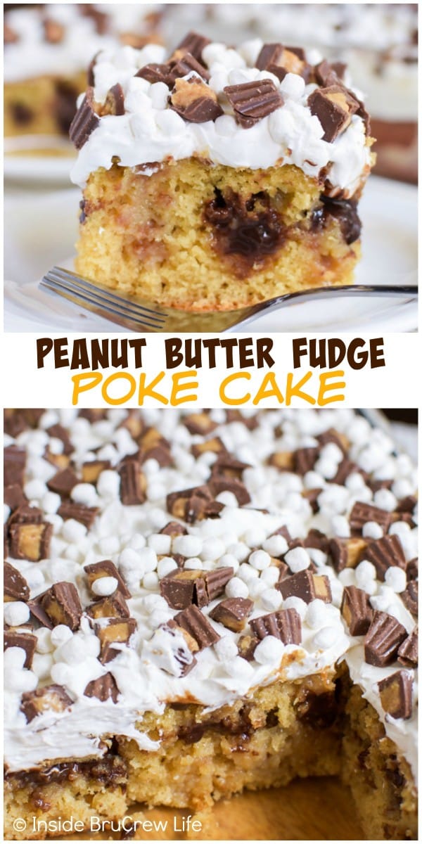 Two pictures of peanut butter fudge poke cake collaged together with a white text box