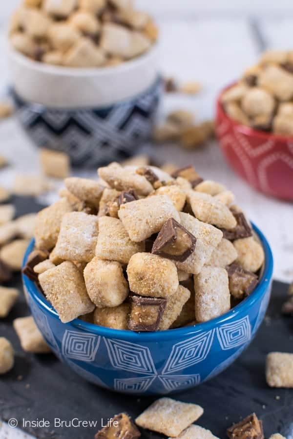 Peanut butter and s'mores add a fun twist to this easy muddy buddies snack mix!