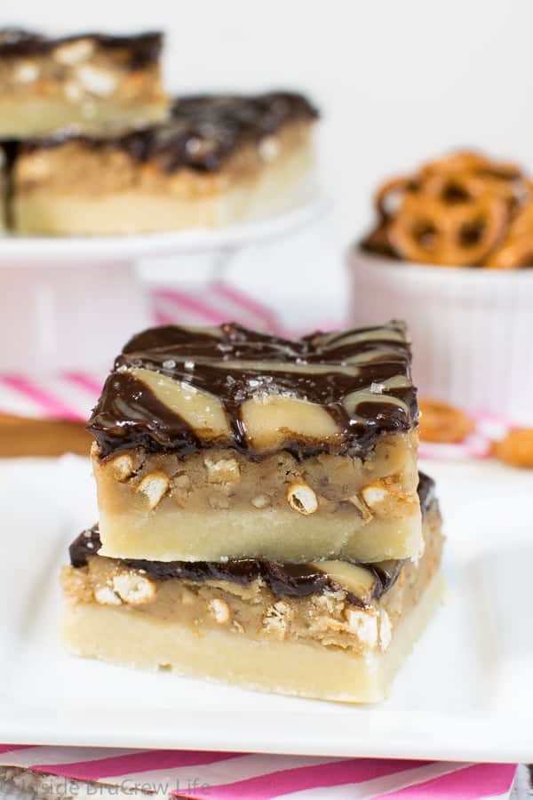 Pretzels and pecans in a soft caramel center gives these shortbread squares a fun sweet and salty twist.